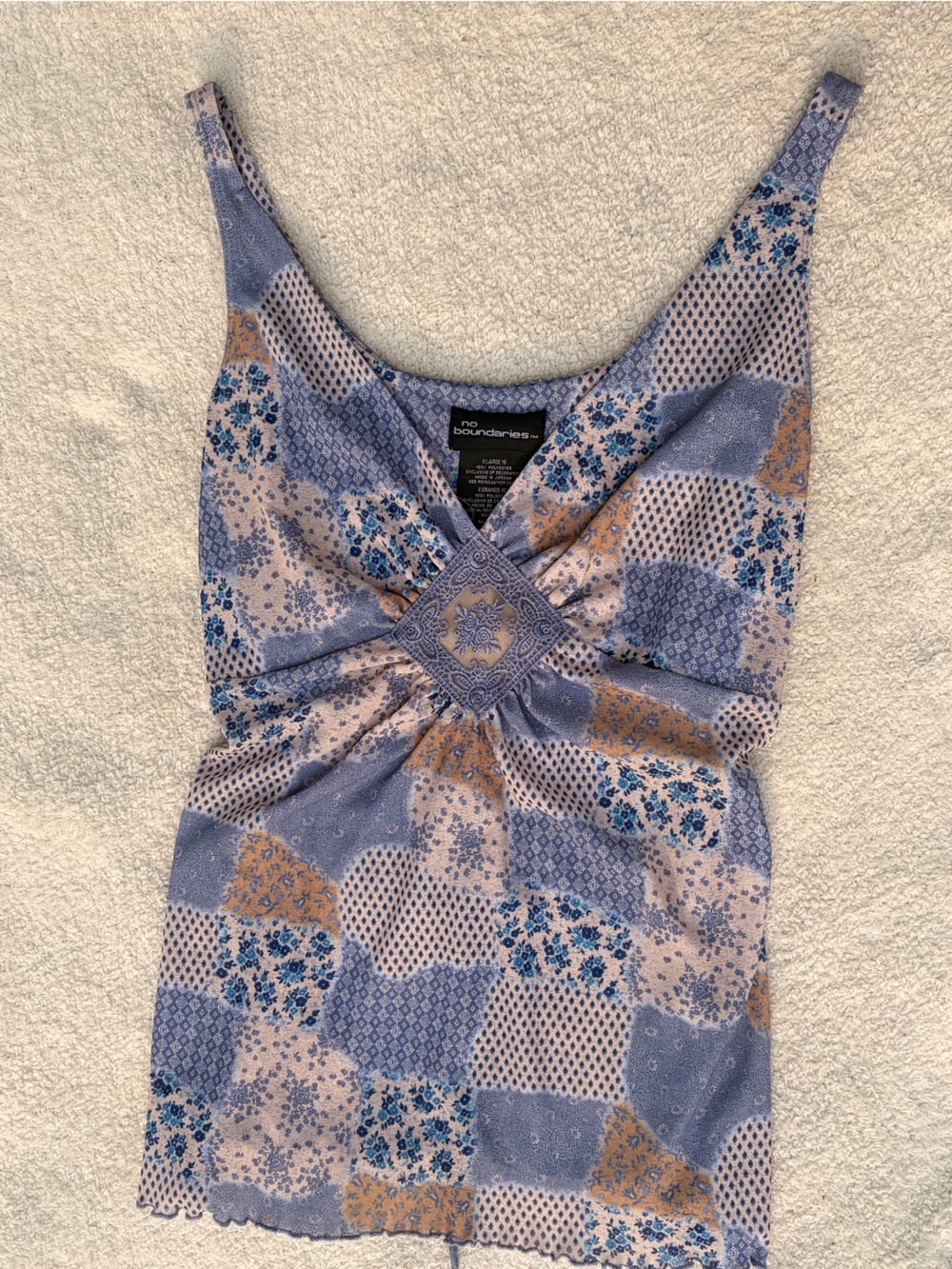No Boundaries Y2K Blue and Cream Patchwork Halter Camisole